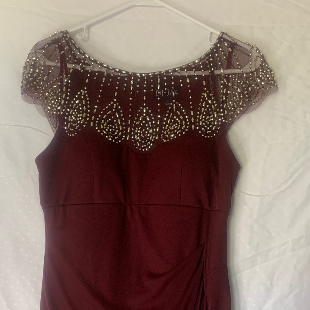 Burgundy Beaded Cap Sleeve Prom Dress